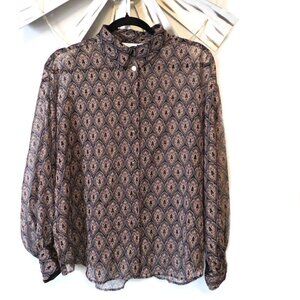 Zara Semi-Sheer Printed Blouse Long Sleeve Brown Blue Black Beige Large